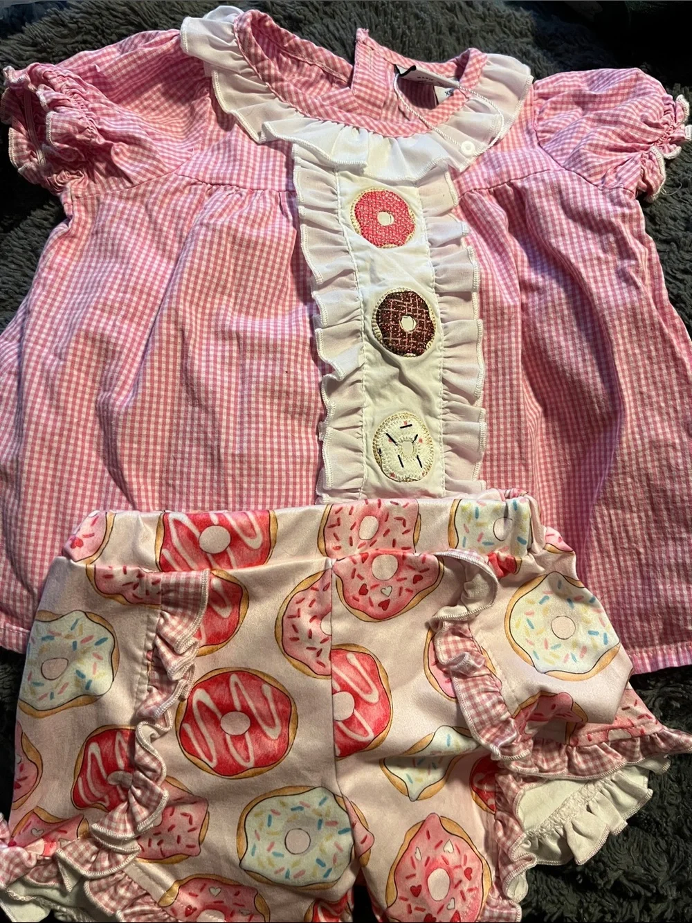 Girls Pink Gingham Donut Applique Top & Donut-Print Shorts Set